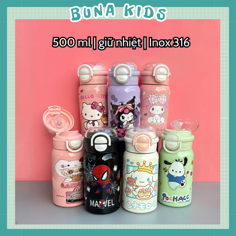 Bình nước giữ nhiệt 500ml 2 lớp inox 316 bình nước hình người nhện kuromi labubu Bunakids BN50