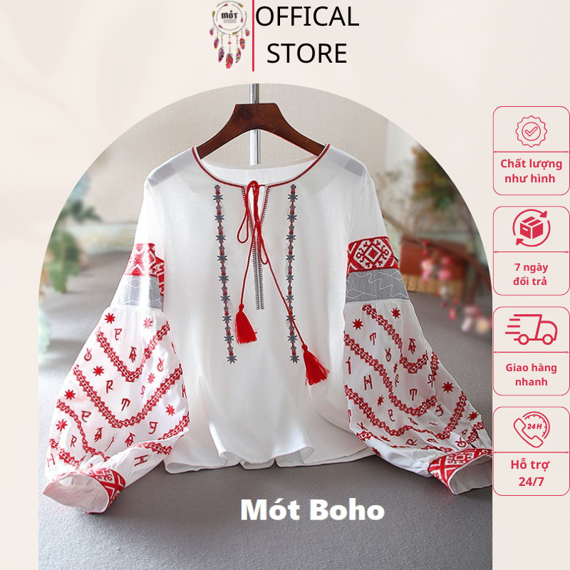 Áo boho linen thêu đỏ tay bồng Mót Boho mã 17879