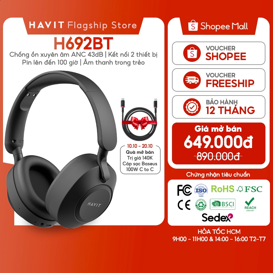 Tai nghe Bluetooth Headphone Havit H692BT Pin 100 tiếng | Kết Nối 2 Thiết Bị | BT 6.0