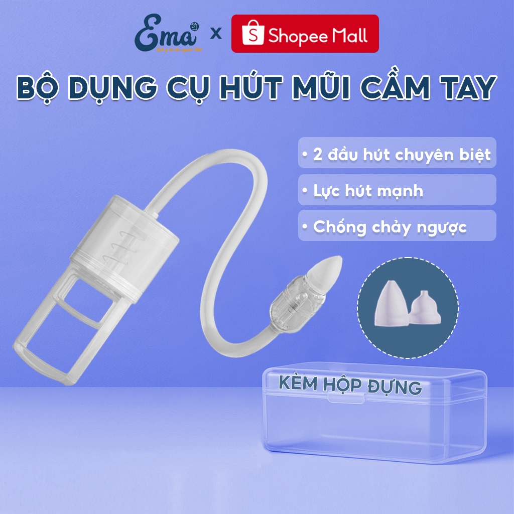 Bộ dụng cụ hút mũi cầm tay cao cấp EMA | 2 đầu hút silicon + hộp đựng & chổi vệ sinh tiện lợi