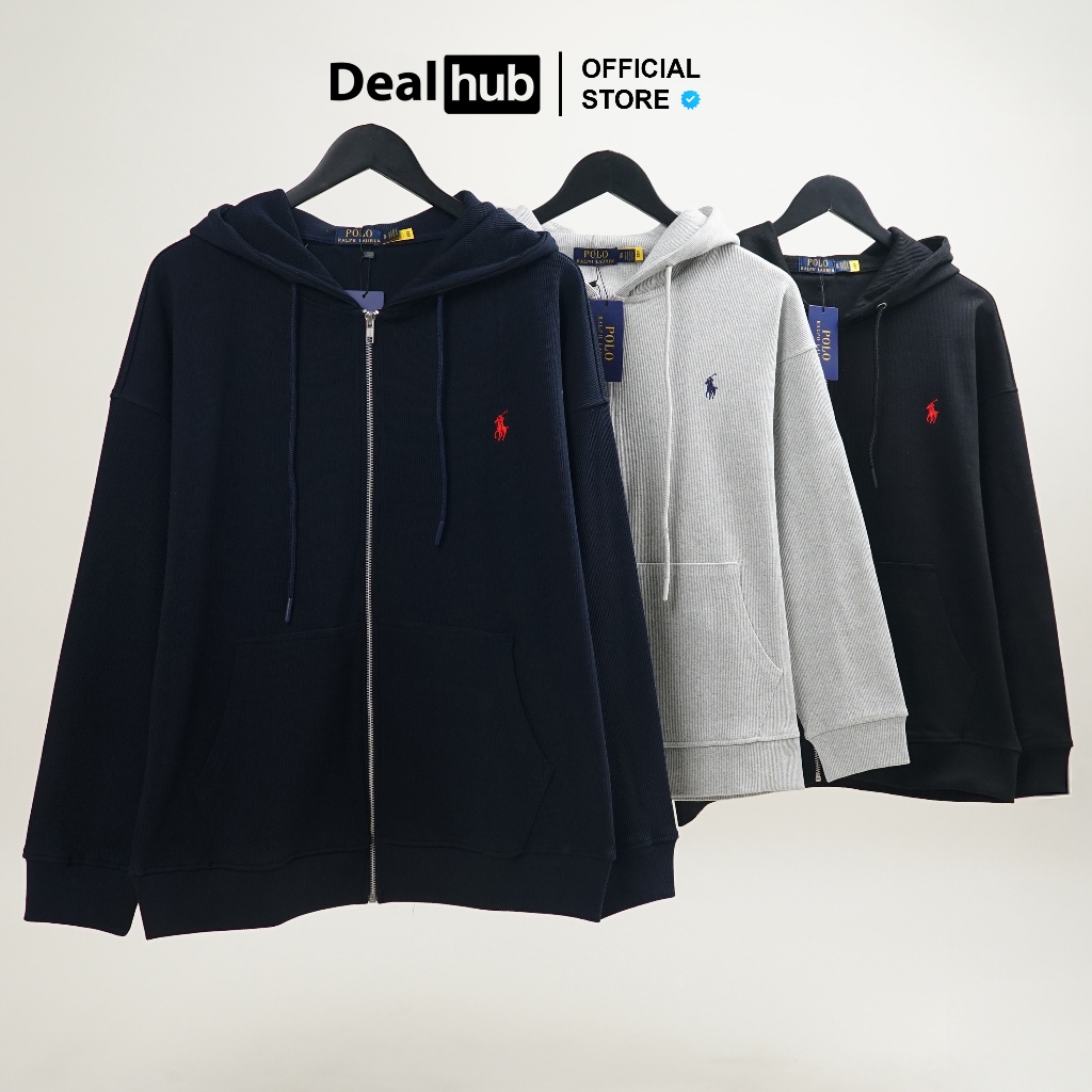  Áo Khoác Hoodie-Zip Ralph Lauren Thêu Ngựa Double-Knit Chất Nhung Tăm Form Châu Âu Oversize 