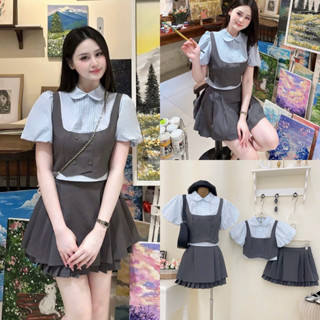  Set Bộ Áo Sơ Mi Xanh Cổ Sen Cột Nơ Tiểu Thư Mix Áo Gile Kèm Chân Váy Xếp Li Tầng 3 Lớp 