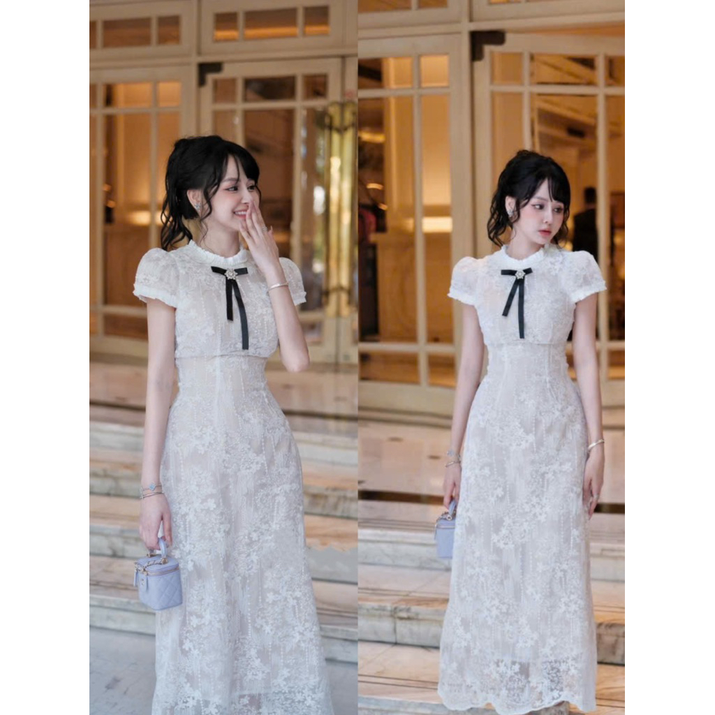NAN Store - Váy ren thiết kế cổ ngọc trai kèm tag nơ dáng dài tiểu thư