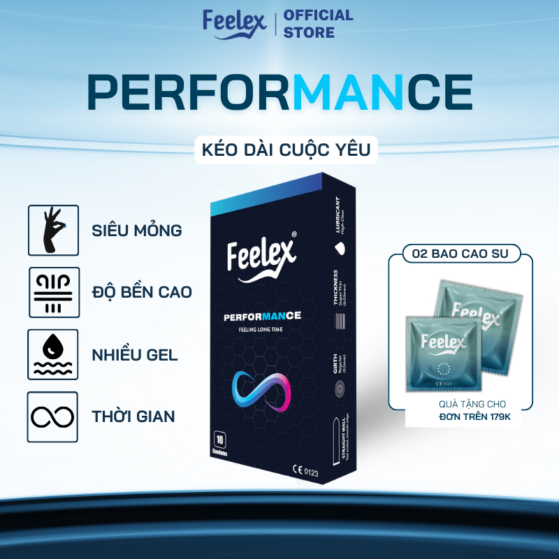 Bao cao su Feelex Performance kéo dài thời gian, nhiều gel bôi trơn - Hộp 10 Chiếc