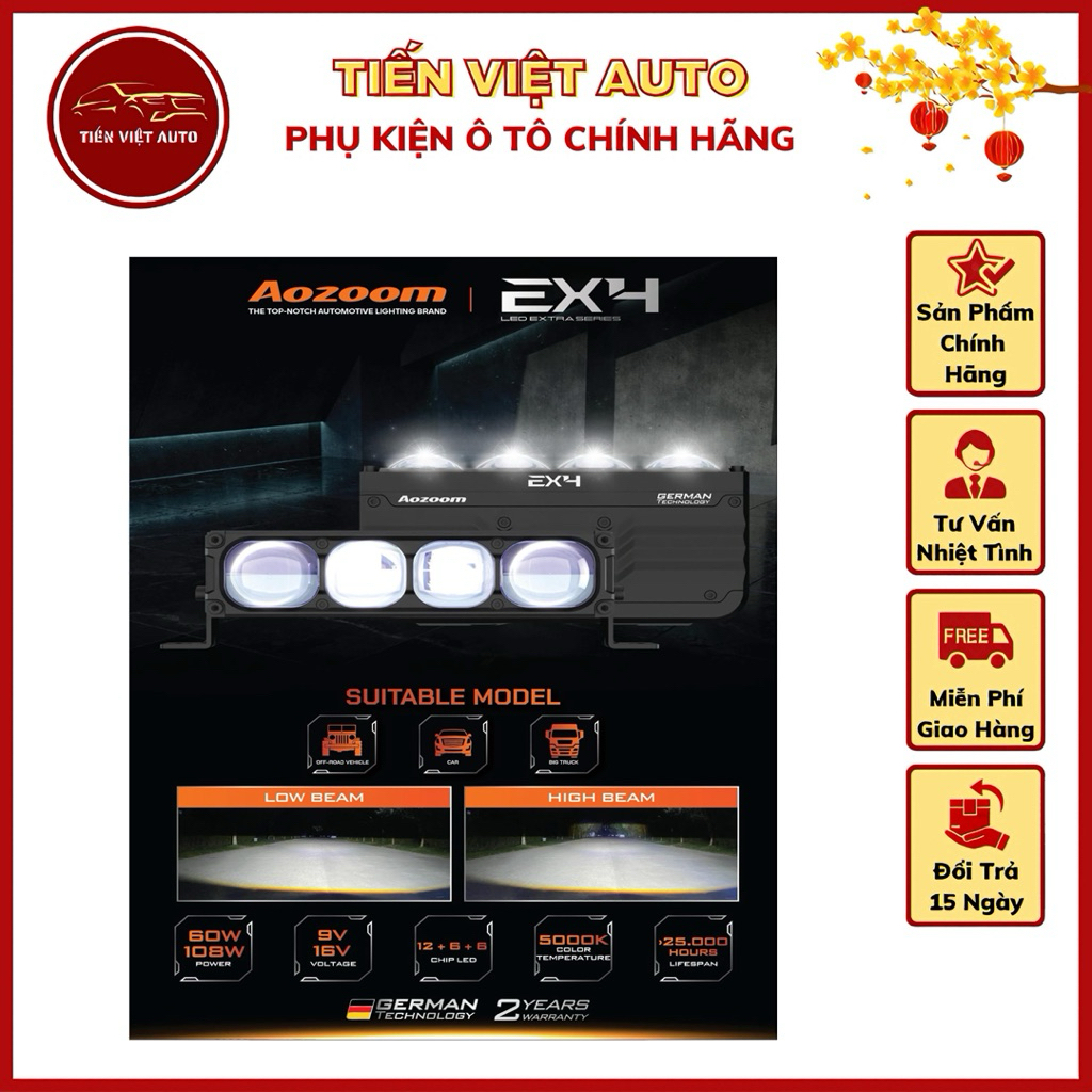 AOZOOM EX4 - Siêu Phẩm Đèn Trợ Sáng Tích Hợp 4 Mắt LED, Công Suất 105W, Bảo Hành 2 Năm