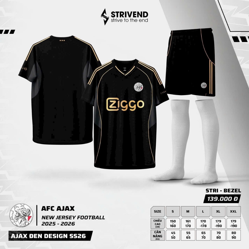 Quần Áo Bóng Đá Ajax đen 25/26 - Vải Mè STRIVEND – In Tên Số Theo Yêu Cầu BIBO SPORT