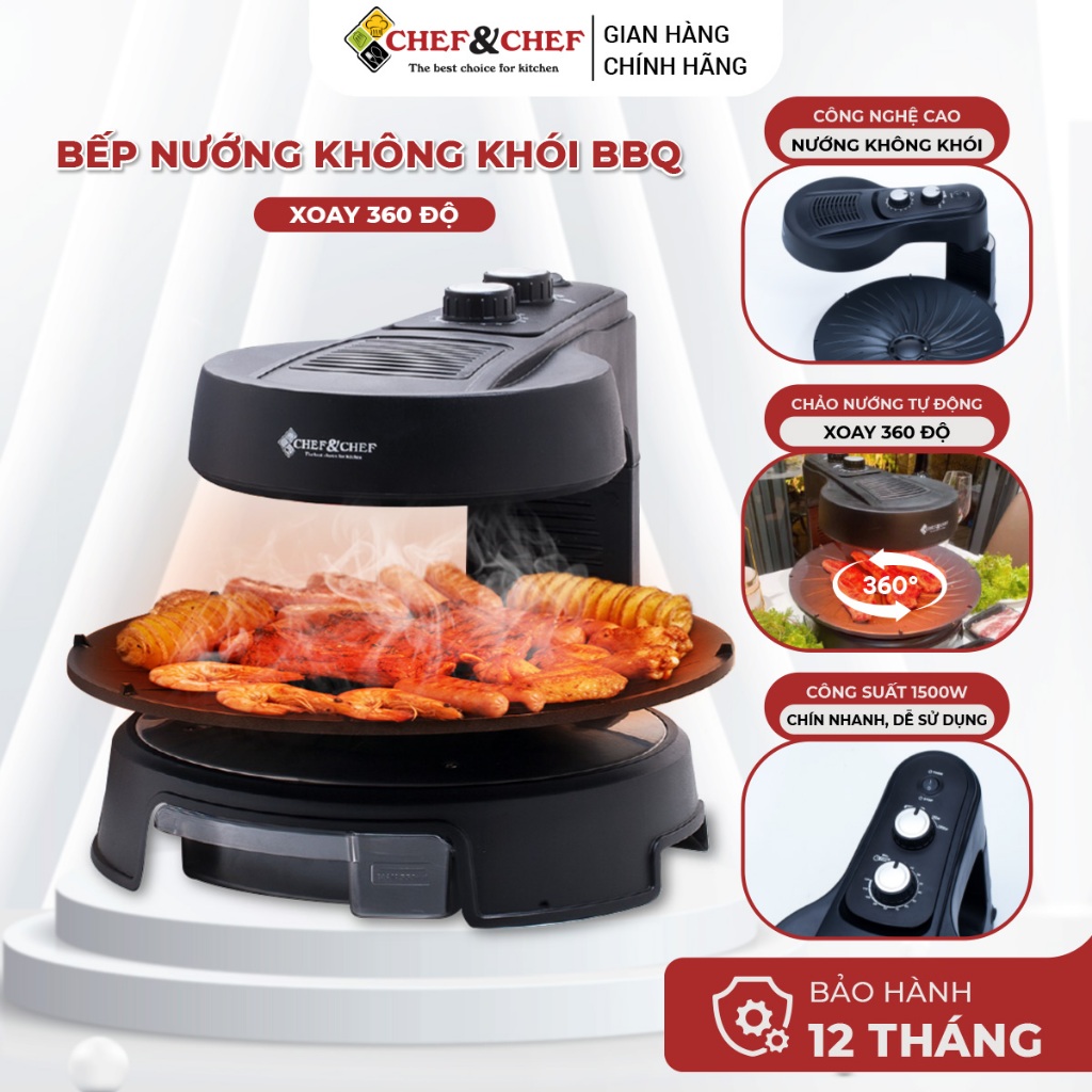 Bếp Nướng Điện Không Khói Xoay 360 Độ CHEF & CHEF, Công Suất Cao 1800W, Chảo Nướng Xoay Tự Động, Chín Đều