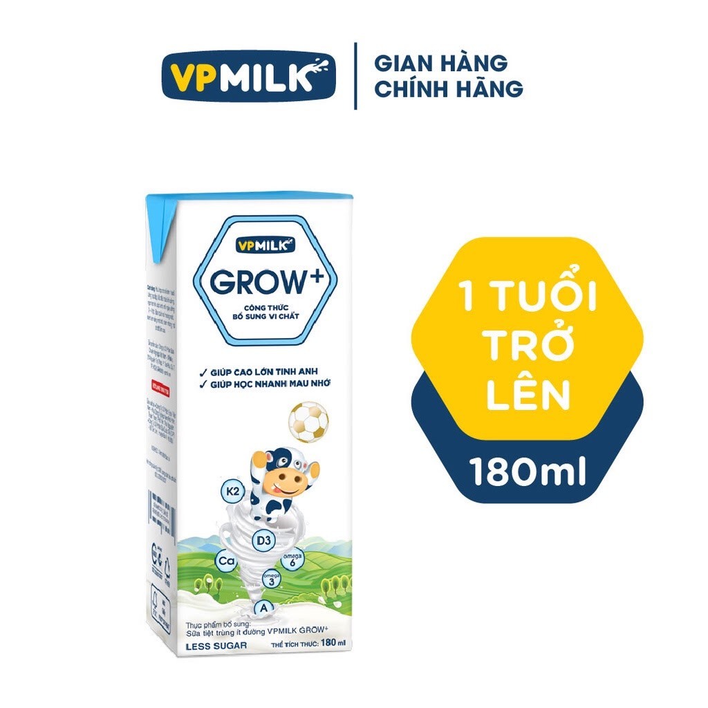 [Combo 6 lốc] Sữa Tiệt Trùng VPMilk Grow+ / VPMILK Omega (Mix Có Đường/Ít Đường) 180ml Cho Bé Từ 1 T