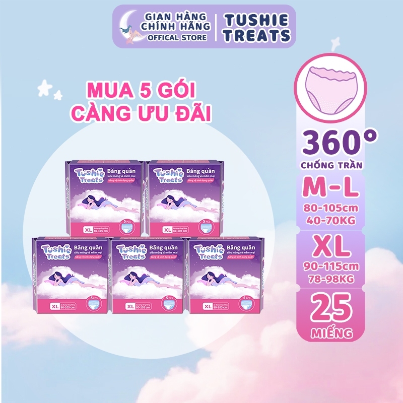 [CHE TÊN] Combo 25 miếng băng vệ sinh dạng quần Tushie Treats size M-2XL, Quần bvs mềm mịn, không cộm, không lộ viền