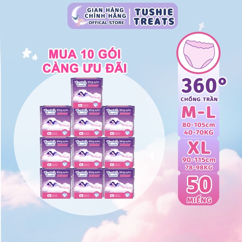 Combo 50 miếng băng vệ sinh dạng quần Tushie Treats size M-XL, Quần bvs mềm mịn, không cộm, không lộ