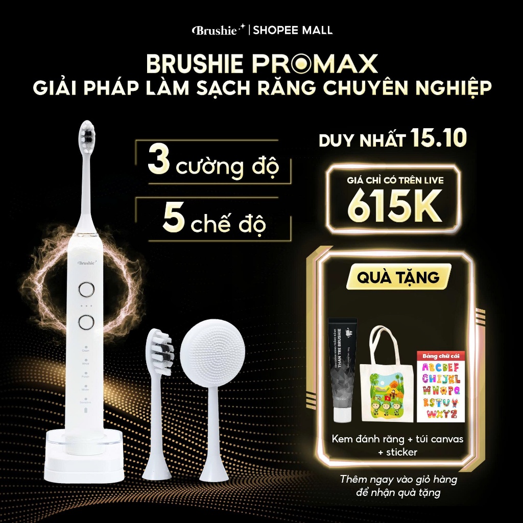 [GIÁ 635K TẠI LIVE SHOP] Bàn Chải Điện Brushie Promax, 15 Chế Độ Làm Sạch, Tích Hợp Đầu Rửa Mặt, Công Nghệ Sóng Âm
