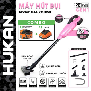 Máy hút bụi pin HUKAN HM21-G1-HVC5052, Lực hút 8kpa, Luồng khí 1.5 m3/p, Dung tích 800ml