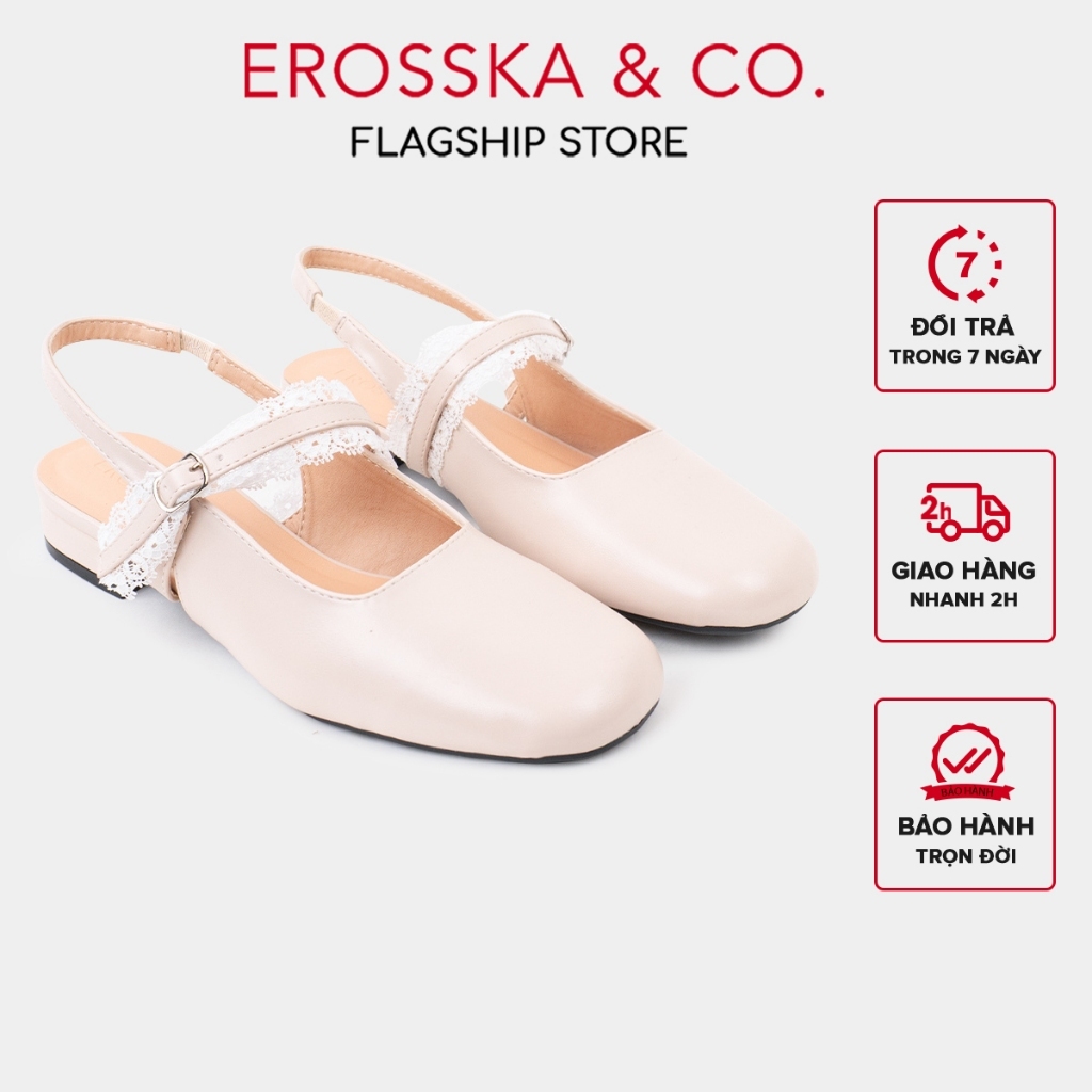   EROSSKA  - Giày búp bê nữ lolita mũi tròn phối dây quai nhún hở gót màu kem cao 2cm - EL102 