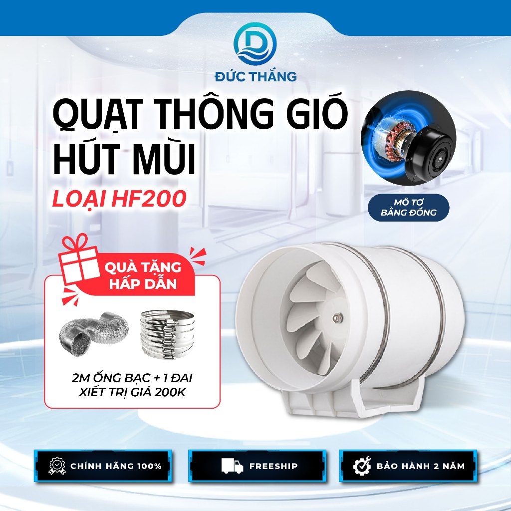 Quạt thông gió hút mùi Đức Thắng HF200 – 130W, hút khói bếp mạnh, tiết kiệm điện, vận hành êm, chính hãng