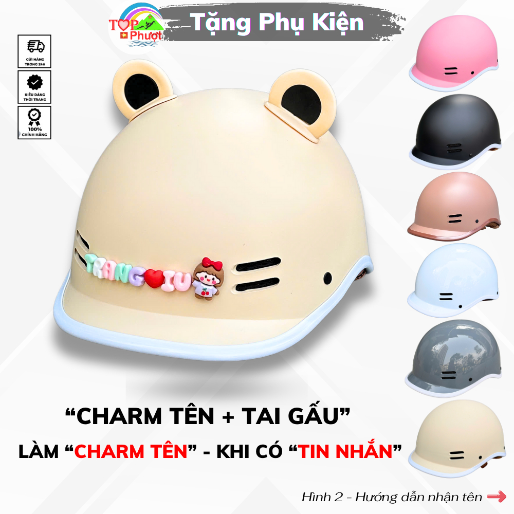 Mũ Cá Heo Màu Kem Cho Nam Nữ –Nón Bảo Hiểm Chính Hãng Camry CR HELMET, Tặng Tai Gấu & Charm Tên Gắn Mũ