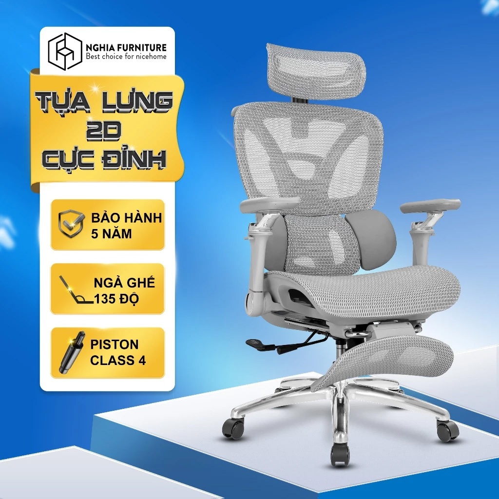 Ghế công thái học Nghia Furniture 09, ngả ghế 135 độ, piston class 4, tựa lưng 2D, bảo hành 5 năm