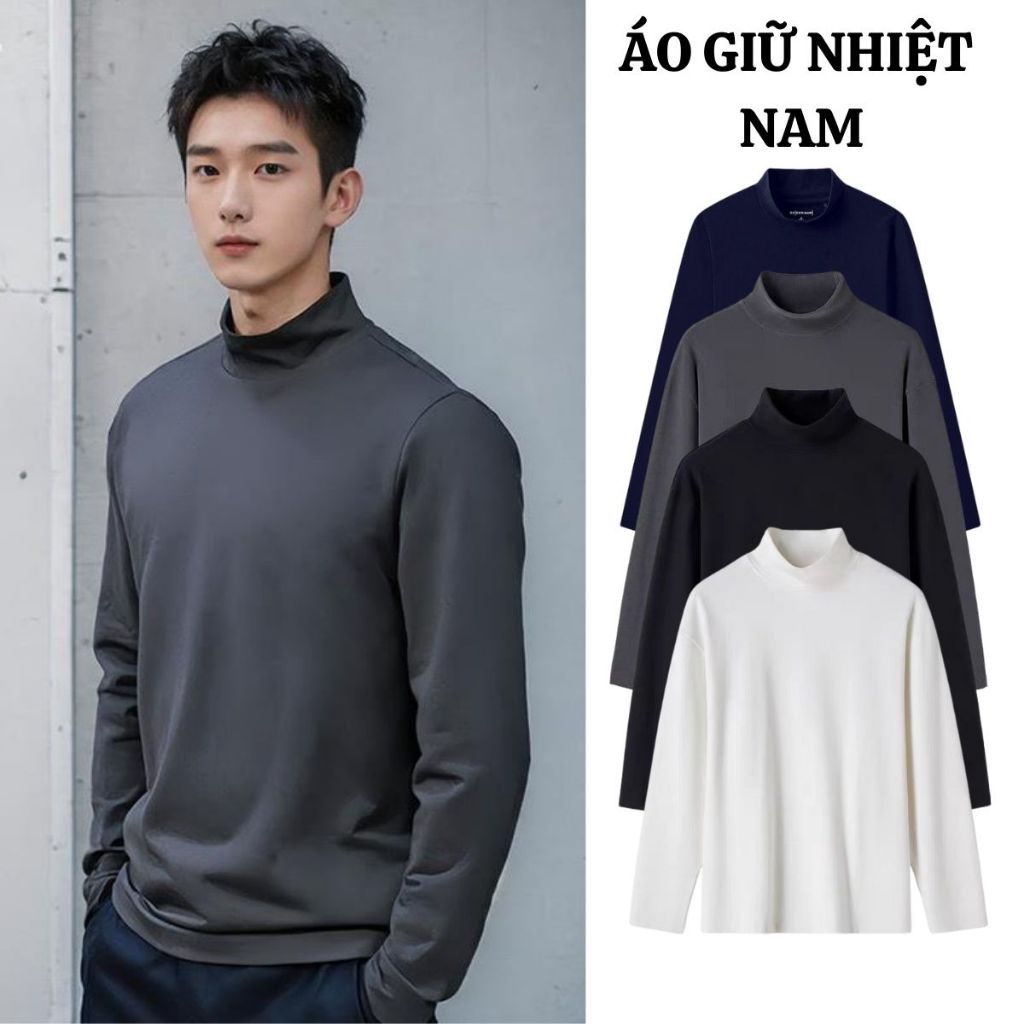 Áo thun giữ nhiệt nam FABUMAN  chất vải cotton cổ cao 3 phân giữ ấm mùa đông màu đen trắng bigsize
