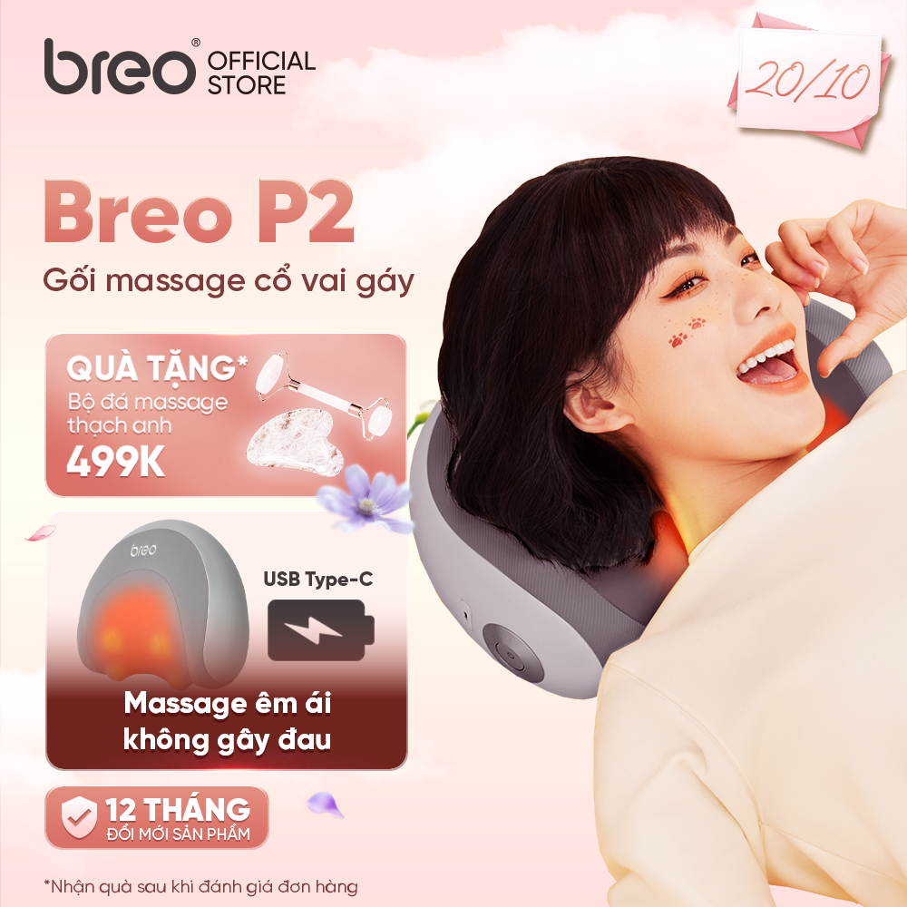 [QUÀ 20/10] Gối Massage Cổ Vai Gáy Cao Cấp BREO P2 - Xoa Bóp Êm Ái Không Gây Đau - Vỏ Ngoài Tháo Rời Dễ Vệ Sinh -Pin Sạc