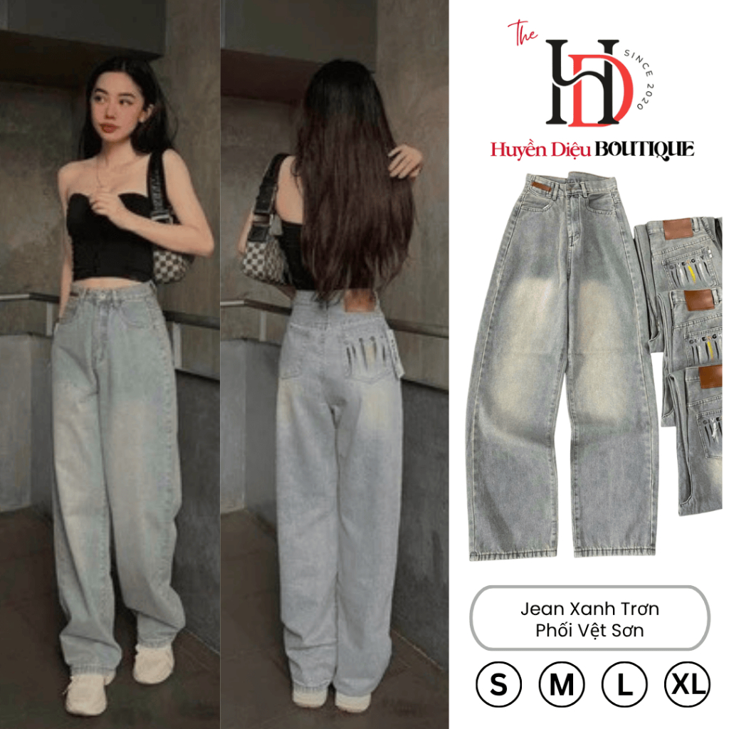  Quần Jean Nữ Ống Suông Xanh Trơn Thêu Túi Sau 103cm Cạp Cao Chất Mềm Mịn - J905 HD Boutique 