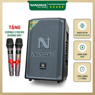 Loa Kéo Karaoke Mini Nanomax S-200 Bass 20cm, Loa Kéo Bluetooth Công Suất 90W Vân Gỗ Tặng Kèm 2 Mic