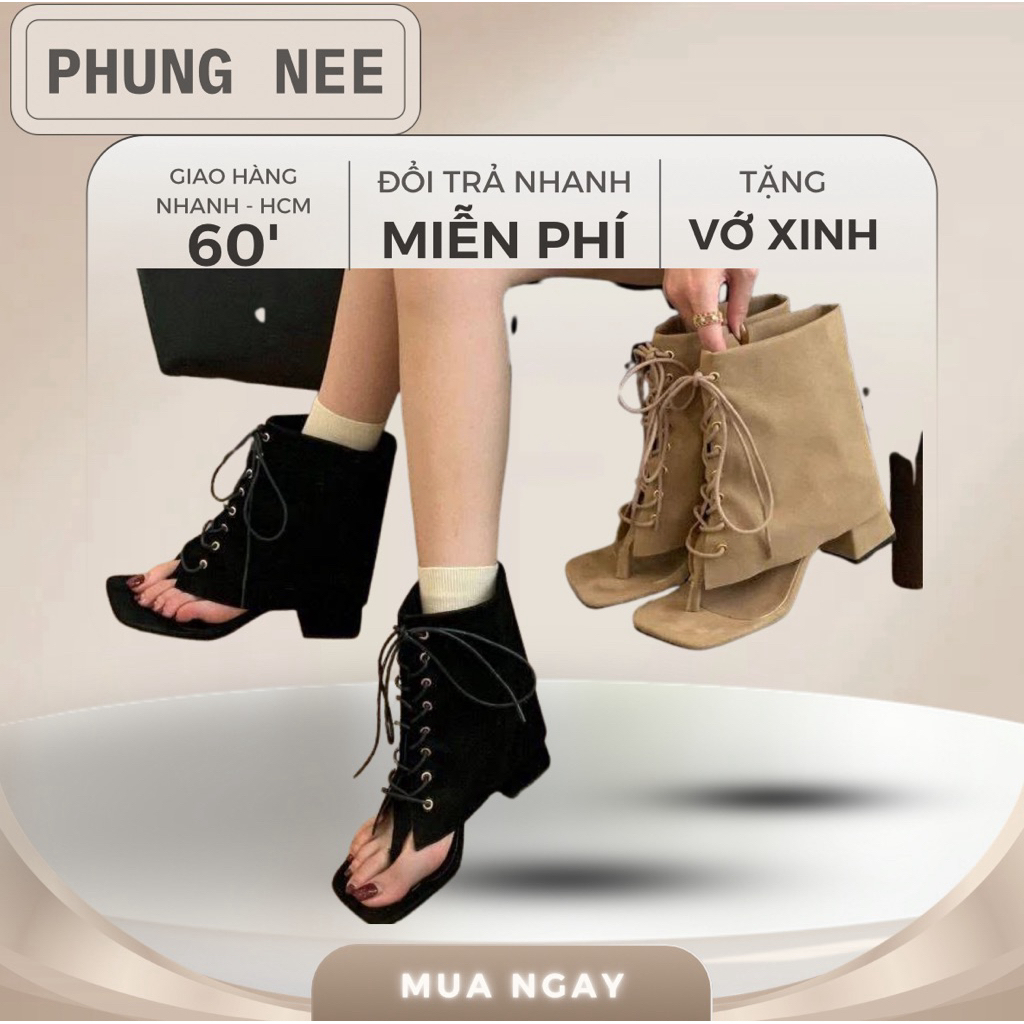 Boot sandal cao gót buộc dây mũi vuông thời trang – Dép cao gót cổ ngắn 2 màu đen kem cá tính