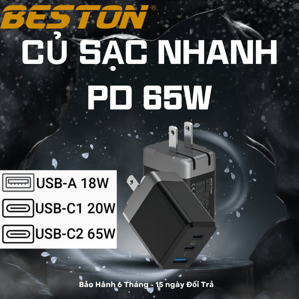 Beston Củ Sạc Nhanh PD 65W - 3 Cổng Sạc USB-A 18W USB-C1 20W USB-C2 65W , cáp iphone, cáp Type C