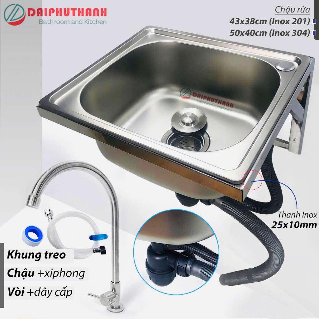 Chậu Rửa Chén Bát Inox Treo Tường Kèm Vòi Lạnh - Đủ bộ gồm Chậu Khung treo Xi phông Vòi
