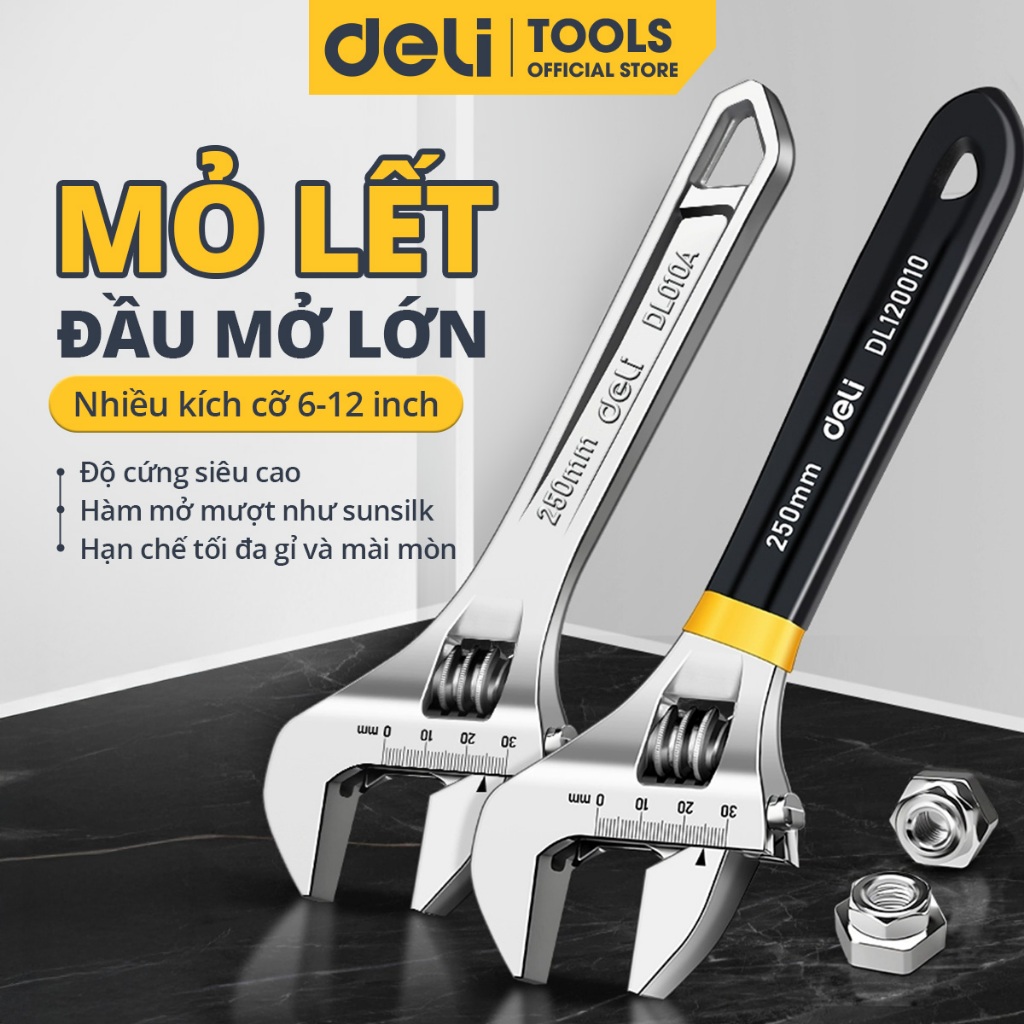 Mỏ lết đa năng Deli Tools Chính Hãng Cao Cấp -Tay cầm bọc cao su chống trơn trượt trợ lực