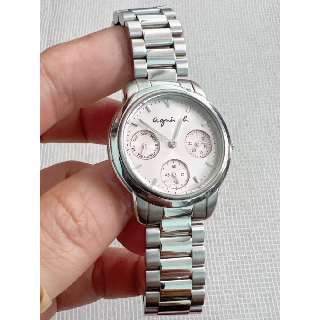 Đồng hồ nữ hiệu máy pin 2hand - Again h 6 kim, mặt hồng - size mặt 32mm, size tay ~ 18cm