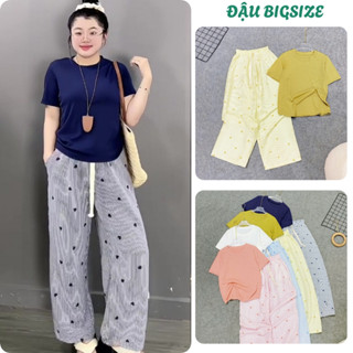  Set đồ bigsize nữ áo thun babytee tay ngắn chất thun gân kèm quần suôn kẻ sọc chất linen thô mềm lưng thun - G244+Q566 