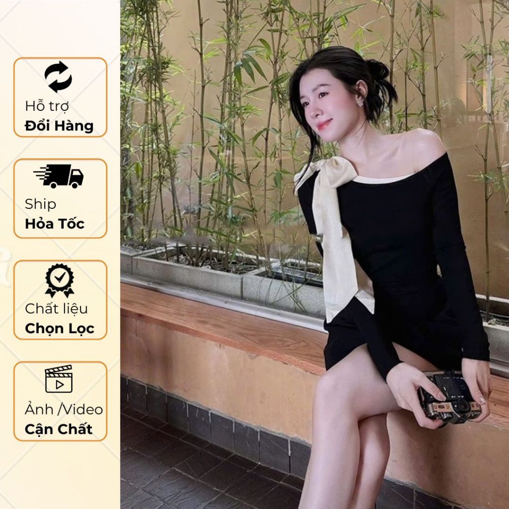 Set Kiểu Áo Trễ Vai Buộc Nơ Mix Chân Váy Chữ A Tiểu Thư Sb6497 - TVXQC