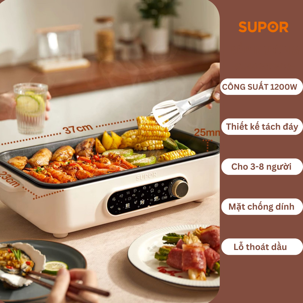 Bếp nướng tách đáy SUPOR-GJ3723P805 chất liệu chống dính cao cấp, công suất 1200W tỏa nhiệt nhanh, kèm lỗ thoát dầu