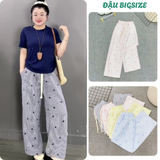  Quần suôn dài bigsize nữ ống rộng cạp cao lưng thun kẻ sọc phối cùng họa tiết nhí chất linen thô mềm - Q566 