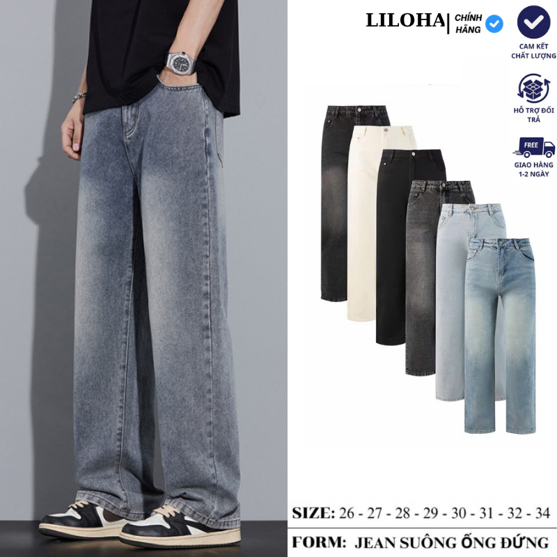 (LILOHA) Quần Jean Nam Cạp Cao Form Suông Rộng Màu Xám Wash Chất Liệu Bò Mềm Phong Cách Retro