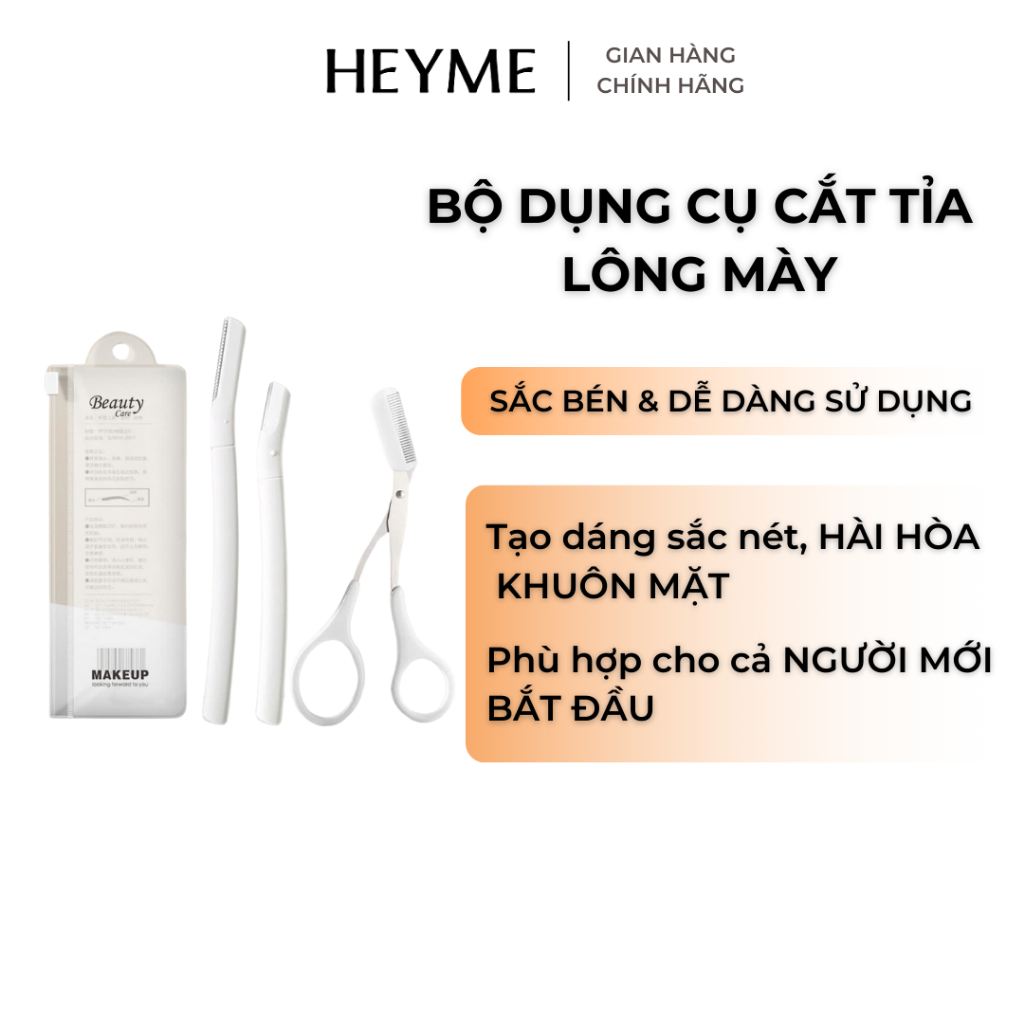 Bộ dụng cụ cắt tỉa lông mày HEYME - 3 món tiện lợi cho người mới bắt đầu, chất liệu thép không gỉ