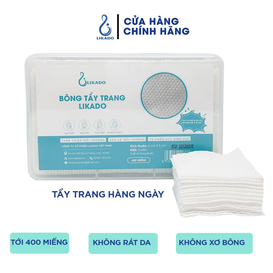 Bông tẩy trang Likado hộp 400 miếng kích thước 6x5 cm