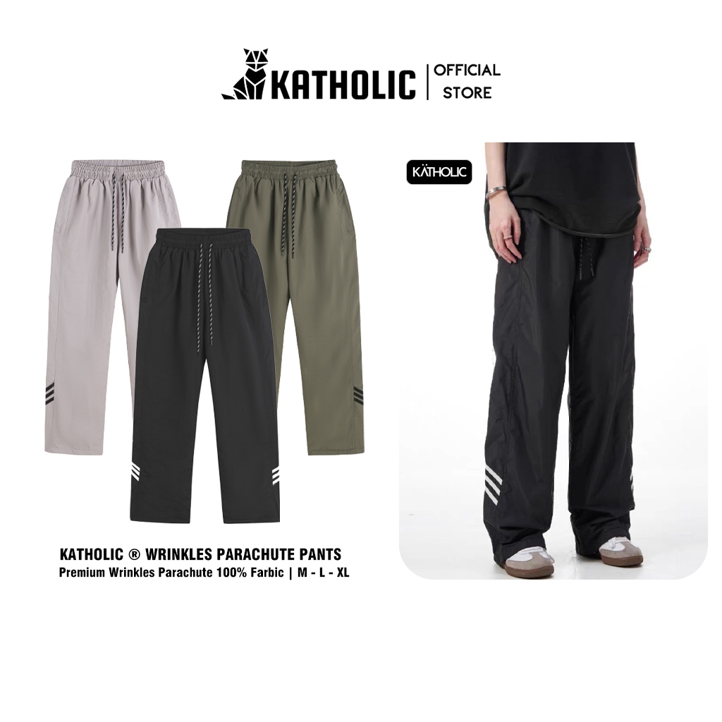 Quần Dù Thể Thao Nam Nữ Phối Viền Kẻ Sọc Ống Suông Rộng 2 Lớp Chất Liệu Gió Nhăn 140gsm Oversize KAT018 | BigBuy360 - bigbuy360.vn