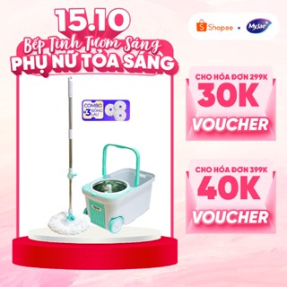 Combo 3 Bông Lau + 1 Bộ Lau Nhà MyJae Đài Loan Sợi Microfiber Xoay Siêu Tốc 360 Độ Thông Minh 129.5cm