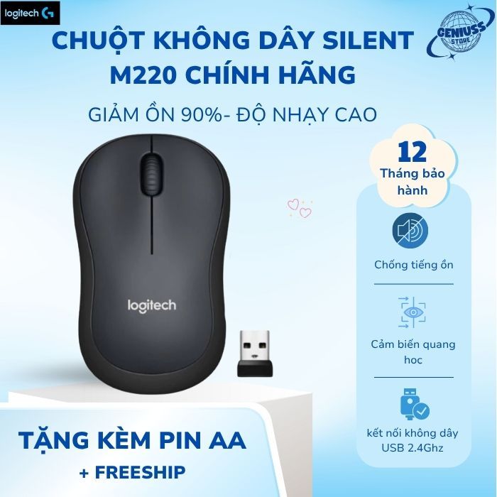 Chuột Không Dây Logitech Silent M220 Chính Hãng - Giảm Ồn, Kết Nối USB, Phù Hợp Cho PC/ Laptop |