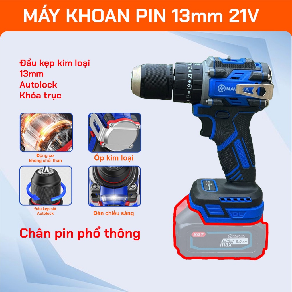 Máy Khoan Pin 13 ly Navara NVR-7008, 3 Chức năng, Đầu kẹp Autolock, có khóa trục, không chổi than