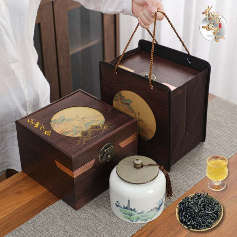Hộp Quà Tặng Trà Shan Tuyết - Chè Thái Nguyên Thượng Hạng 155Gr HOÀNG ĐAN TEA Bộ Hộp Gỗ Cao Cấp Biếu