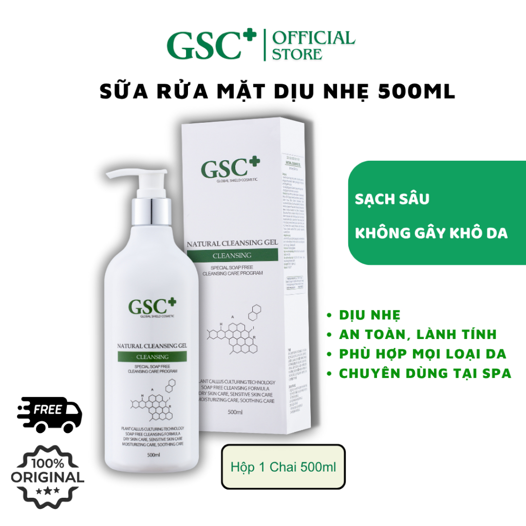 Sữa rửa mặt GSC, srm làm sạch sâu, ngừa mụn dành cho da nhạy cảm, GSC Natural Cleansing Gel 500ml Ch