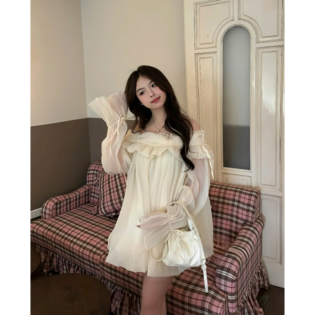 Set Áo Váy Trễ Vai Bánh Bèo Màu Tím Baby Đính Cúc Ngọc Chất Liệu Tơ Xốp Tặng Kèm Quần Bảo Hộ | BigBuy360 - bigbuy360.vn