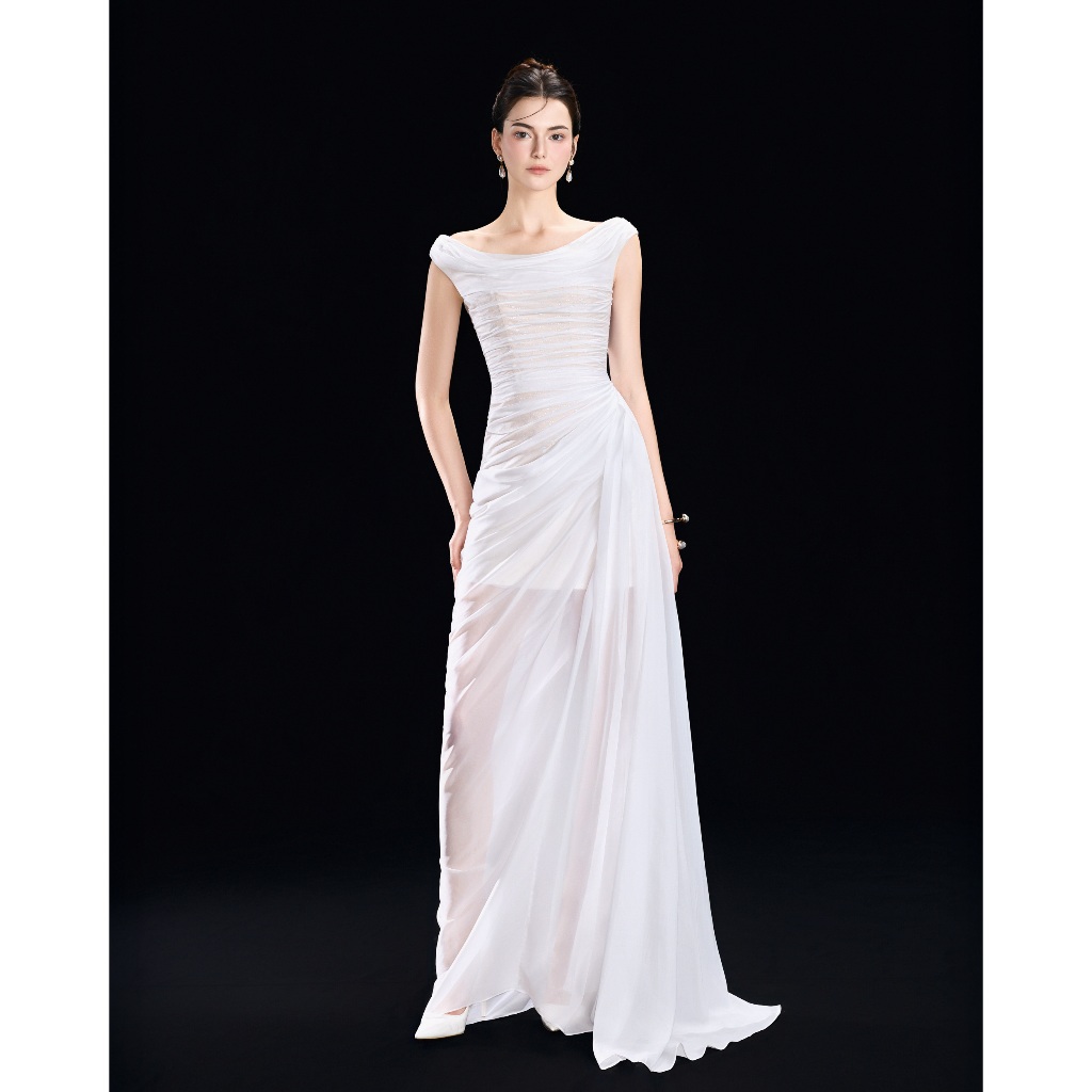 LOVELYN Váy AETHER drapping tơ trắng tối giản đính kết ẩn tinh tế