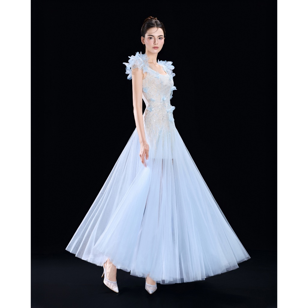 [DEAL SHOCK] LOVELYN Váy SKYLE tùng lưới chuyển màu xanh pastel thân ren đính hoa 3d