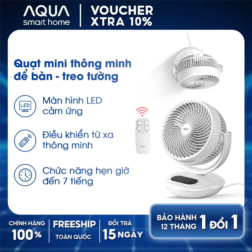 Quạt để bàn mini, quạt treo tường Aqua FED2001R đối lưu không khí, điều khiển từ xa, hẹn giờ 7h