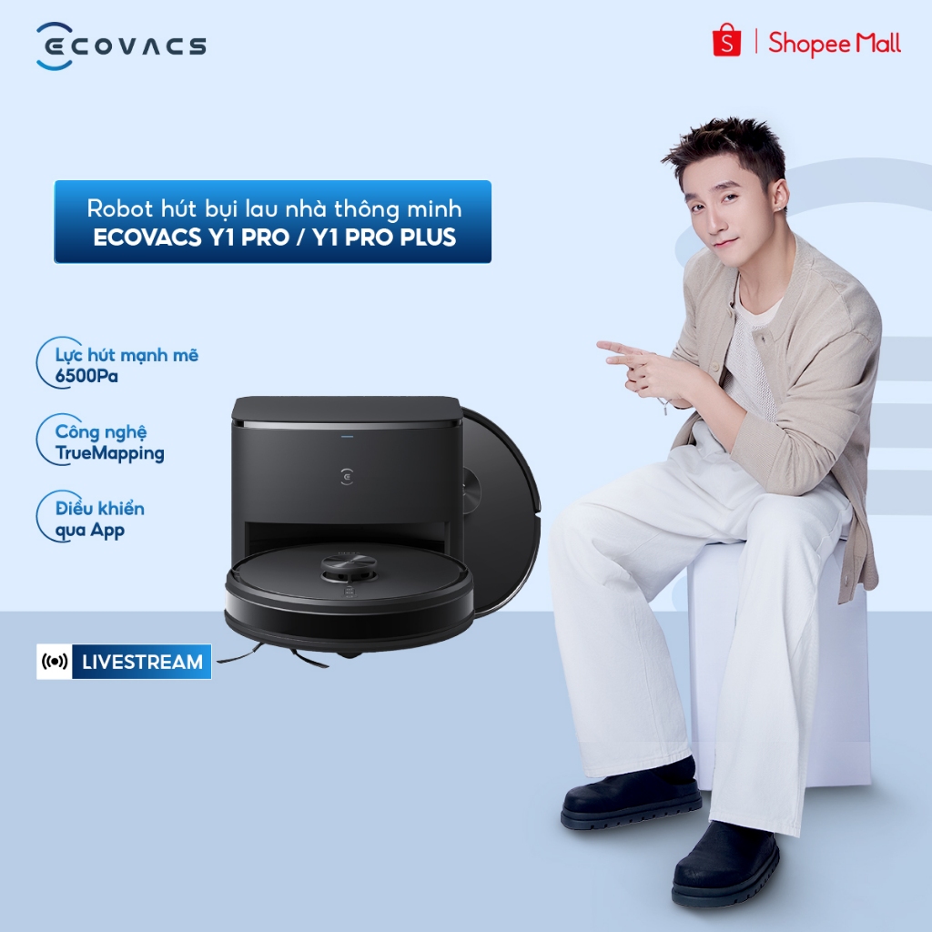 Ecovacs Y1 Pro Plus - Robot hút bụi lau nhà thông minh, màu đen, kích thước 326x101x324mm, dung lượng hộp chứa bụi 200ml