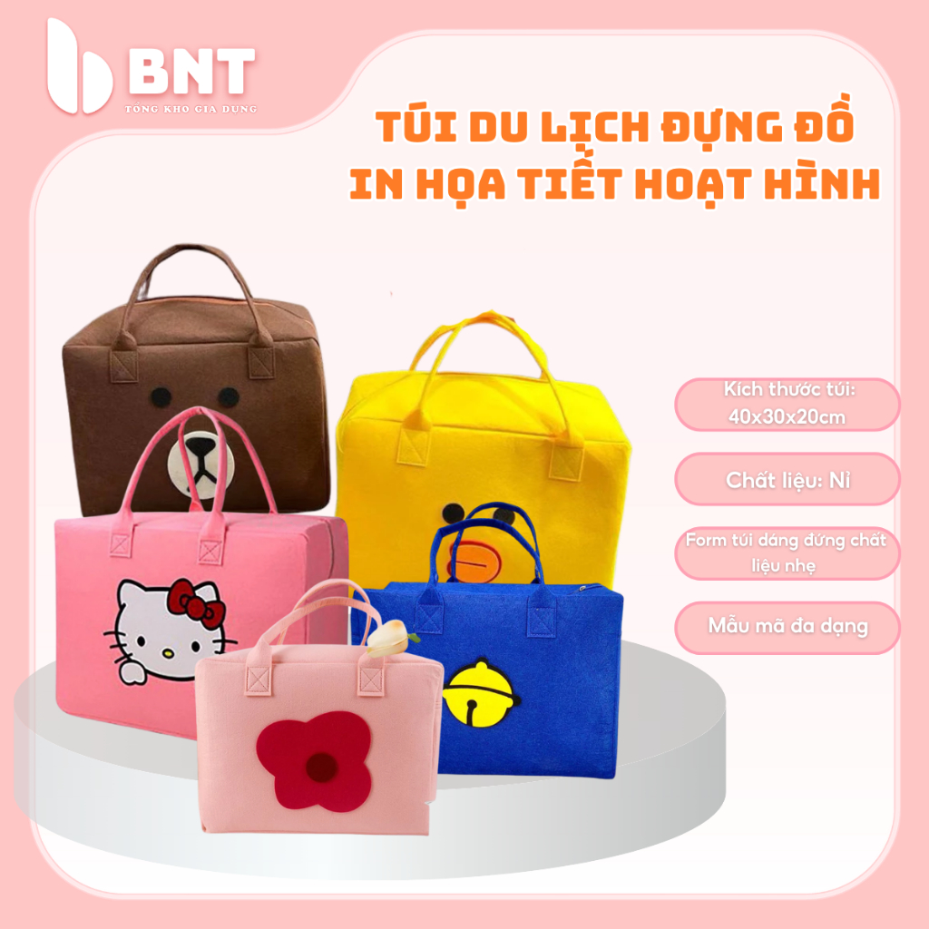 Túi Du Lịch Gấu Nâu Vải Nỉ Xốp – Túi Xách Đựng Đồ Đa Năng, Cài Vali Tiện Lợi, Size Lớn Nhỏ, Nhiều Màu