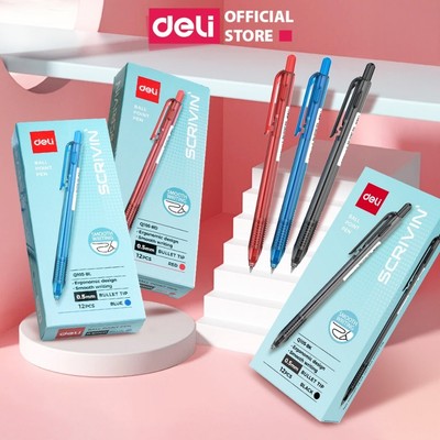 Hộp 12c Bút Bi Deli Ngòi 0.05mm Mực Xanh Đỏ Đen, Bút Viết Mực Viết Trơn Tru Không Tắc Mực Viết Trơn Tru