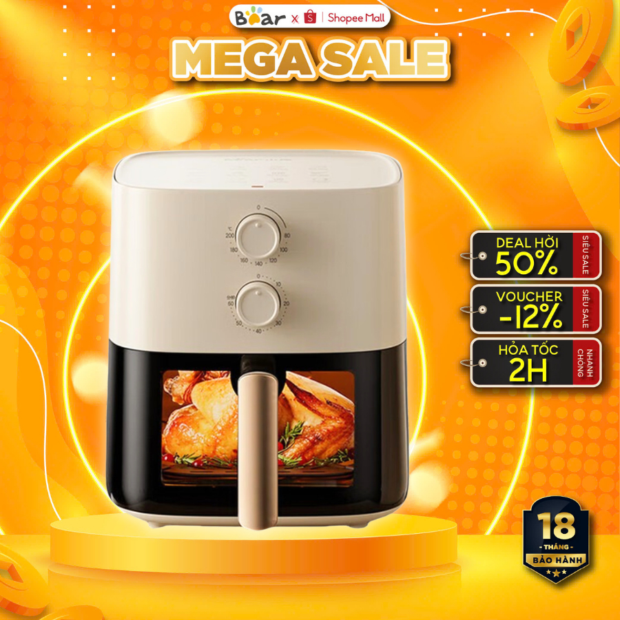 Nồi chiên không dầu Bear QZG-J15M1, Dung tích 5 lít, Công suất 1500W dòng cơ, Tháo rời, BH 18 Tháng
